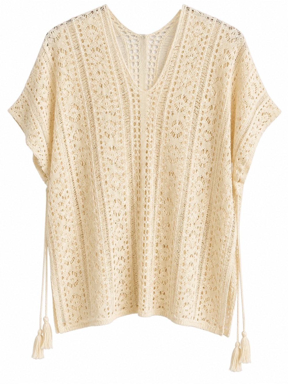 Boho Crochet Knit Kimono Sweater Cover Up Ivory Tassel Tie One Size